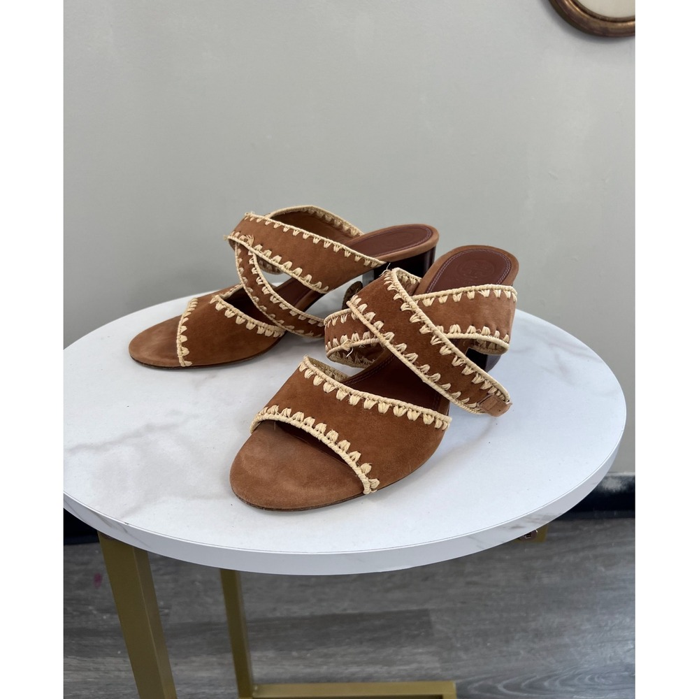 Tory Burch Brown Suede Whipstitch Block Heel Sandals Spain Womens 9 65D